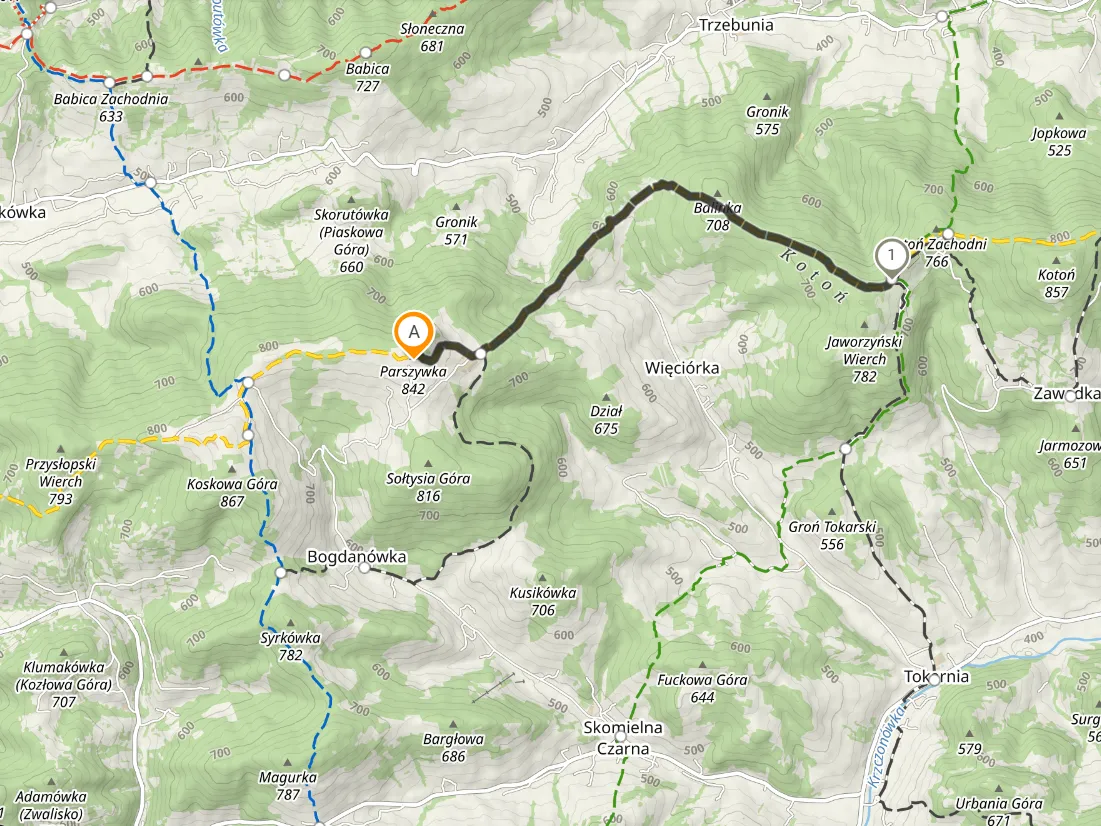 Trasa: Parszywka - Kotoń - Parszywka. Dystans 12 km. Źródło: mapa-turystyczna.pl 